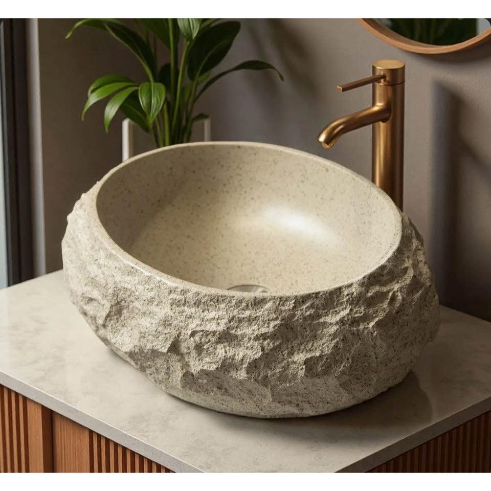 20'' Irregular Oval Bathroom Sink with Stone Texture, Resin Vessel Sink Beige