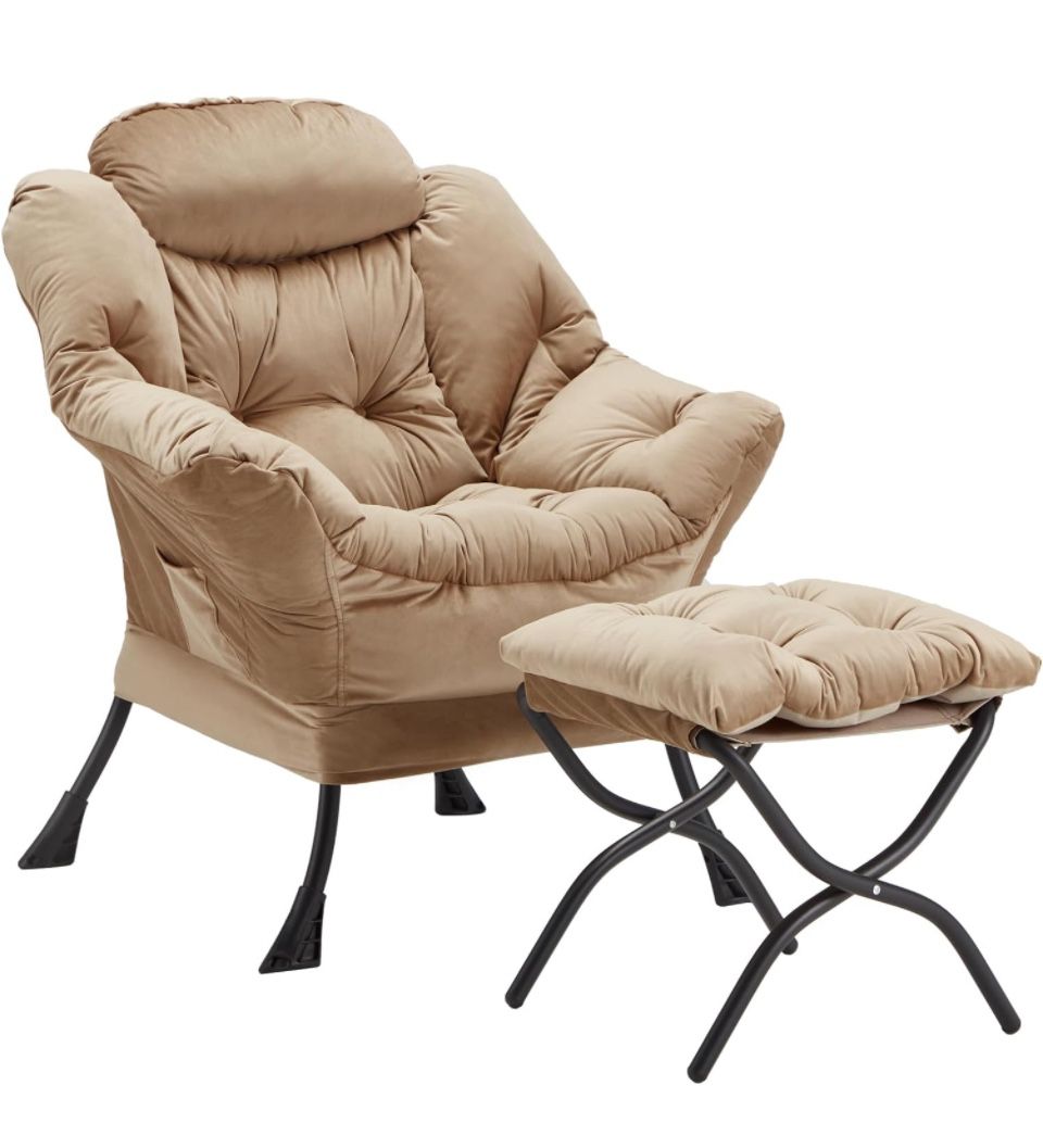 Lazy chair with folding ottoman, velvet upholstery, metal structure, non-slip pads, side storage.