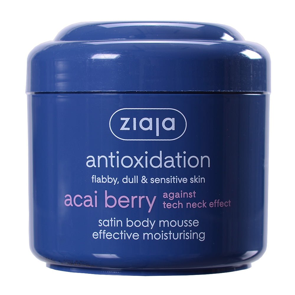 Ziaja Acai Berry Satin Body Mousse antioxidant cream for flabby, dull, and sensitive skin with moisturizing and tech neck effect protection.