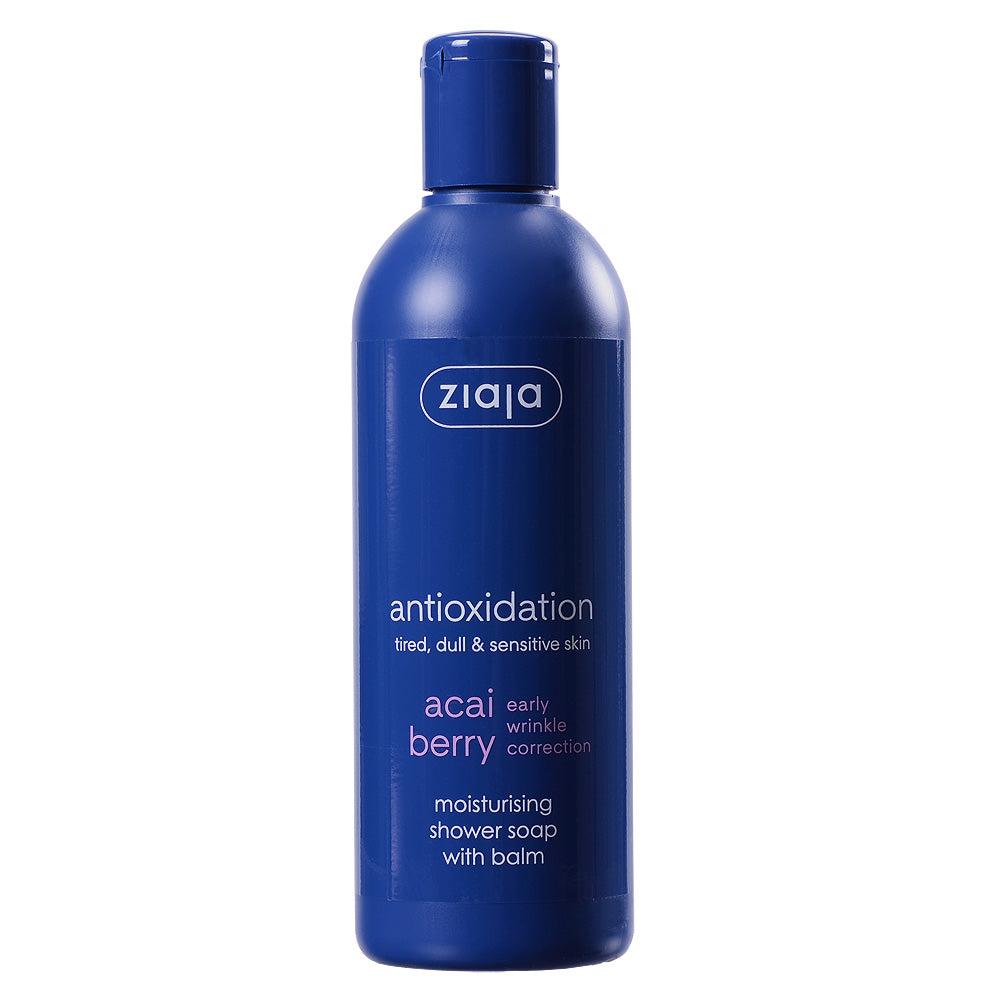blue bottle of Ziaja Acai Berry Moisturising shower soap with balm for early wrinkle correction and antioxidant skincare