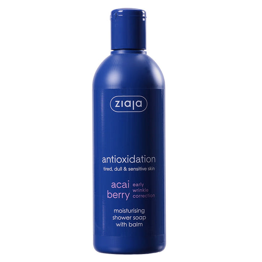 blue bottle of Ziaja Acai Berry Moisturising shower soap with balm for early wrinkle correction and antioxidant skincare