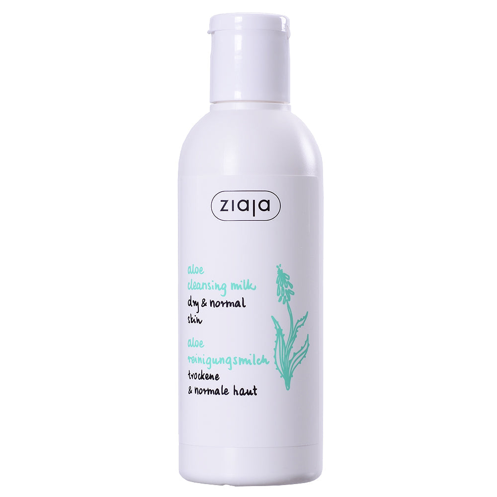 Ziaja Aloe Cleansing Milk bottle for dry and normal skin with aloe leaf extract and vitamins, gentle makeup remover and moisturizer.