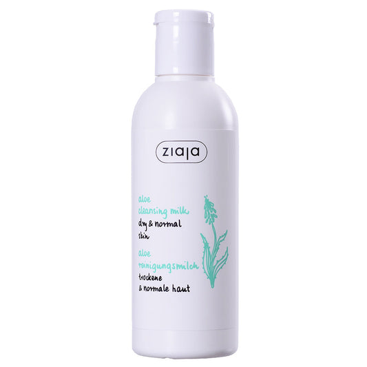 Ziaja Aloe Cleansing Milk bottle for dry and normal skin with aloe leaf extract and vitamins, gentle makeup remover and moisturizer.