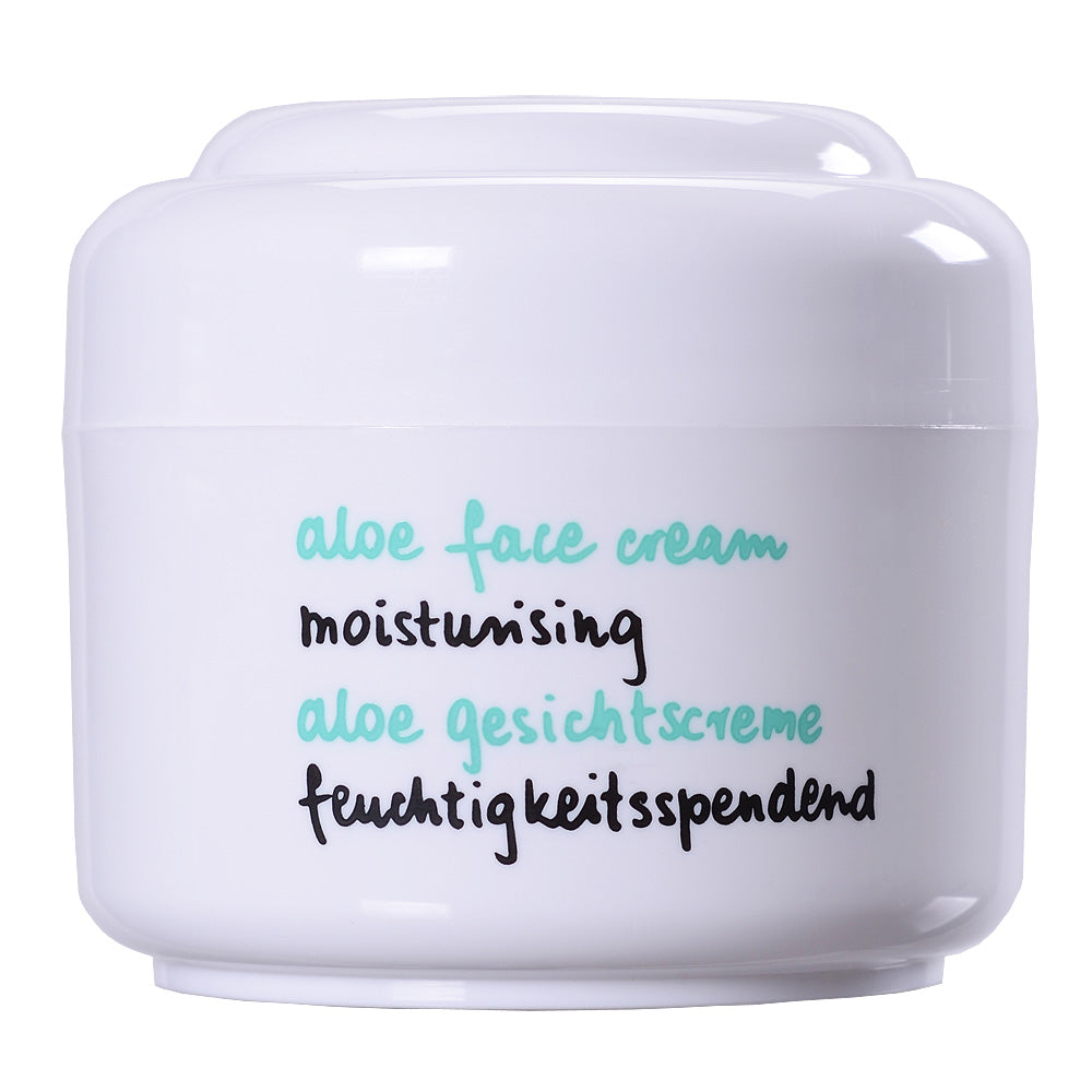 White jar of Aloe Face Cream moisturizing face moisturizer with Aloe Leaf Extract for soft skin