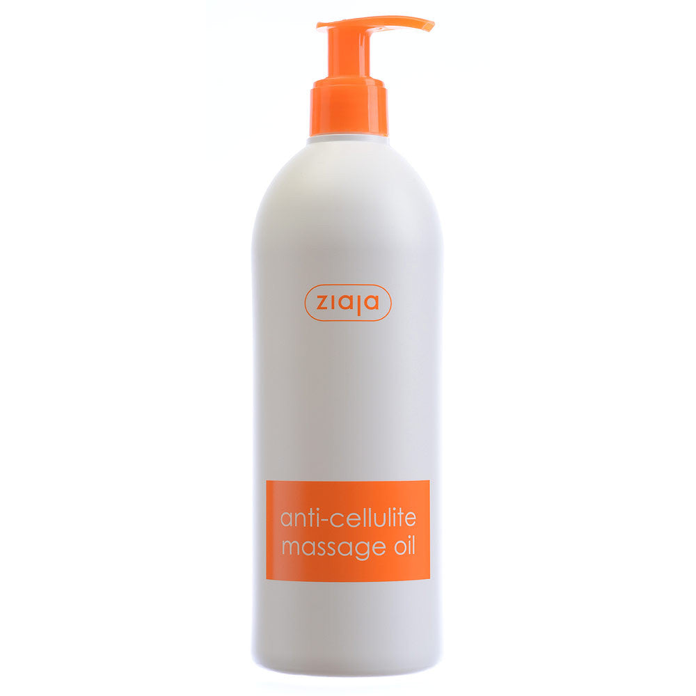 Ziaja Anti-Cellulite Massage Oil bottle with orange pump and label for skin firming and cellulite reduction