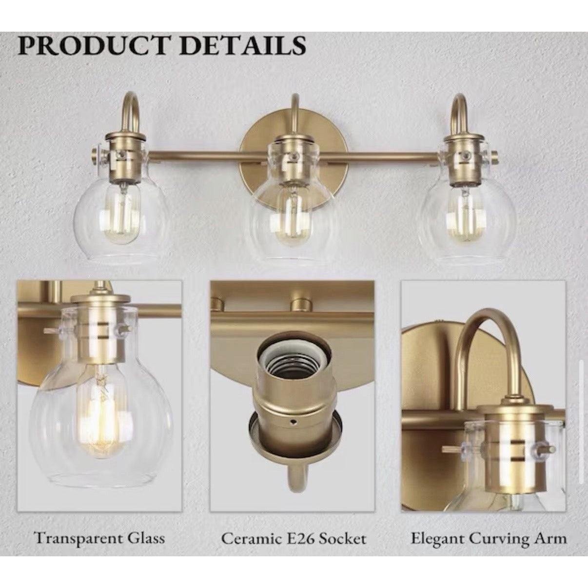 LNC Robb Modern 3-Light Gold Bathroom Vanity Light Interior Powder Room Light.