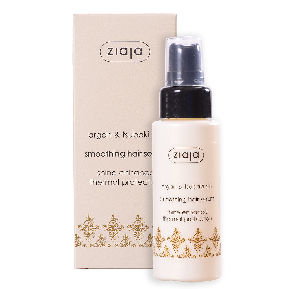 Ziaja Argan & Tsubaki Oils smoothing hair serum bottle and box for shine enhancement and thermal protection