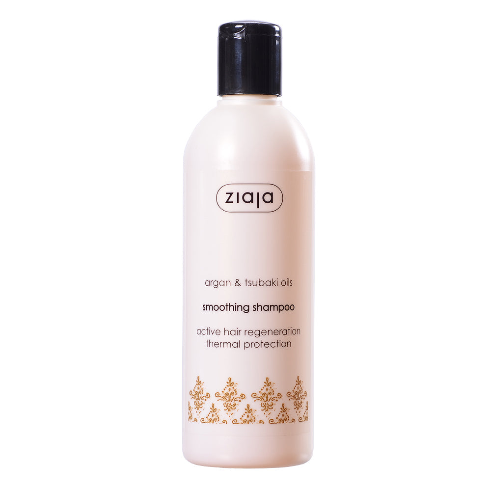 Bottle of Ziaja Argan & Tsubaki Oils Smoothing Shampoo for hair regeneration and thermal protection