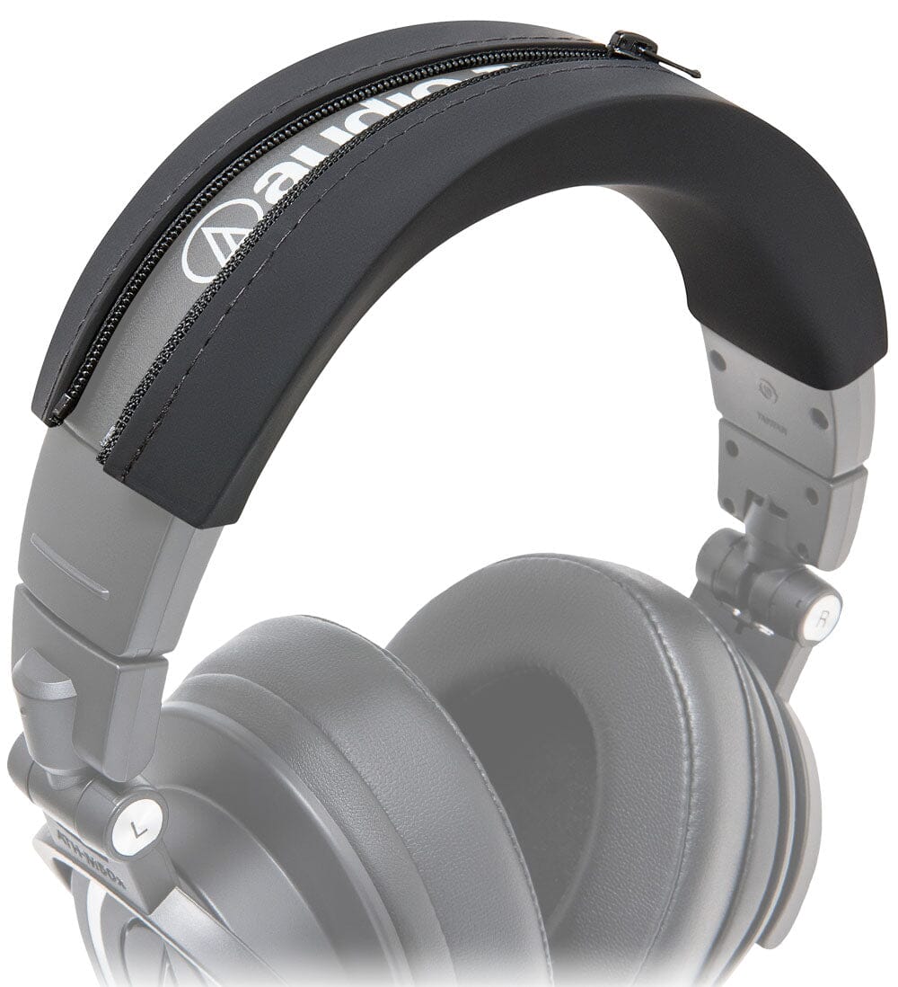 Audio Technica ATH M50X headphones with black WC BandZ ATH protective headband cover and zipper pouch