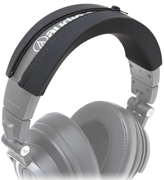 Audio Technica ATH M50X headphones with black WC BandZ ATH protective headband cover and zipper pouch