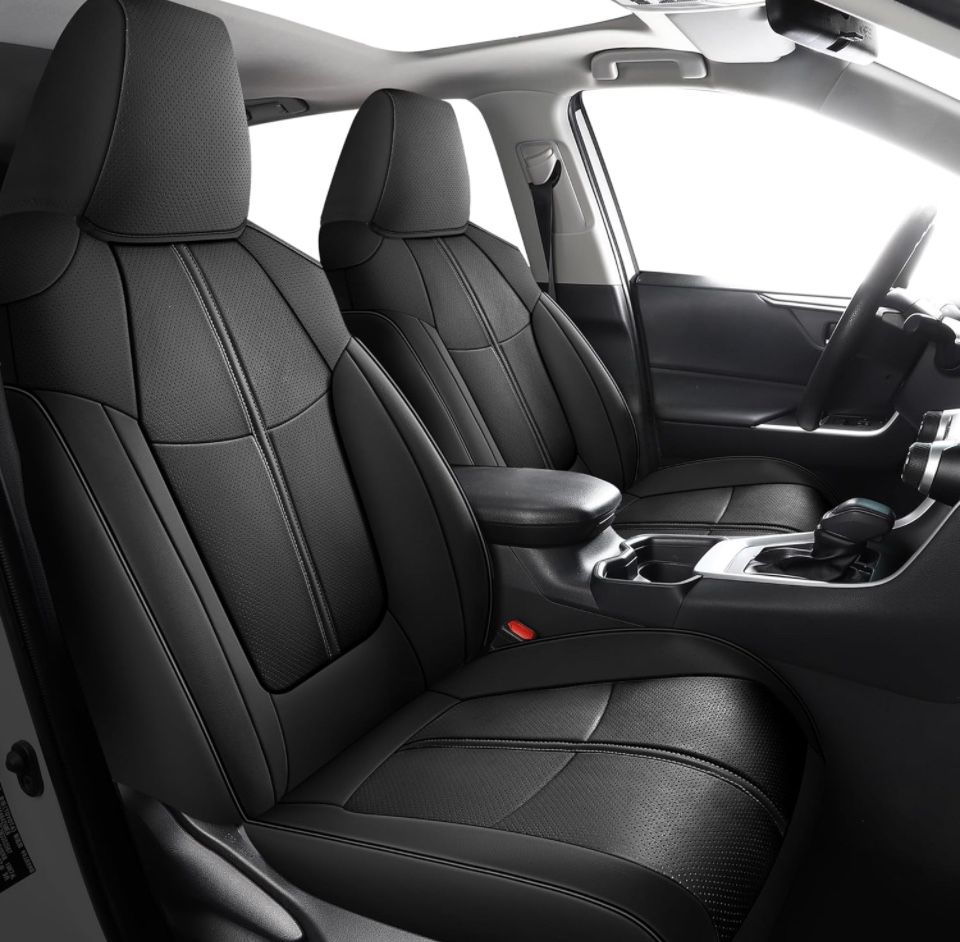 Leather car seat covers for Toyota RAV4 Hybrid 2019-2024, non-slip, scratch-resistant.