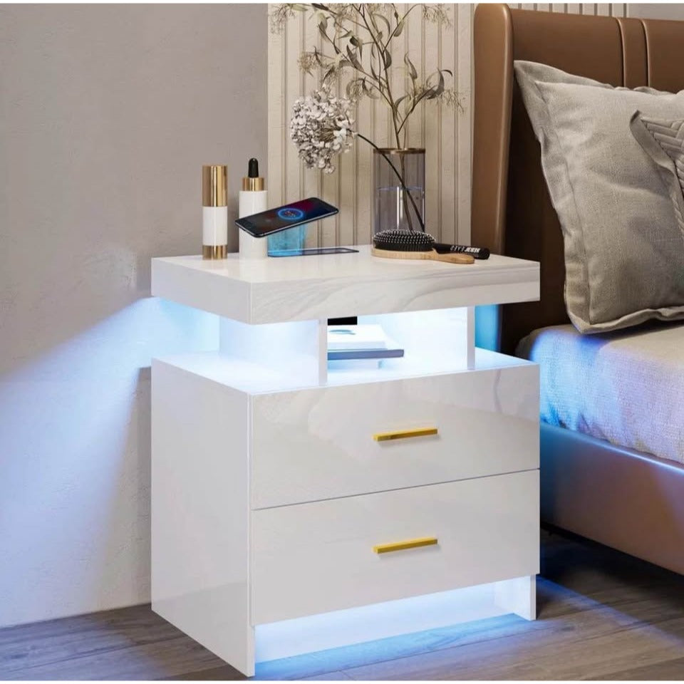 Wade Logan Ashten 2 drawer nightstand with wireless charging, USB ports, and LED night light