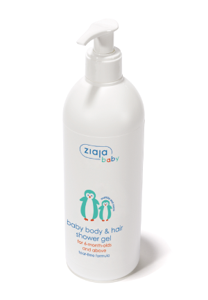 Ziaja baby body and hair shower gel bottle for infants, tear-free and gentle cleansing formula for skin and hair.