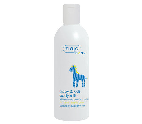 Baby and Kids Body Lotion bottle with blue zebra illustration, moisturizing lotion for babies and children one month and older
