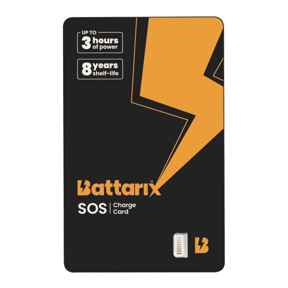 Compact Battarix Emergency Power Card with built-in USB C and Lightning cables, 1600 mAh, 8-year shelf life, and up to 3 hours of mobile device power.