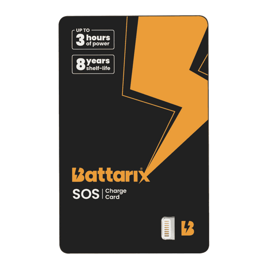 Compact Battarix Emergency Power Card with built-in USB C and Lightning cables, 1600 mAh, 8-year shelf life, and up to 3 hours of mobile device power.