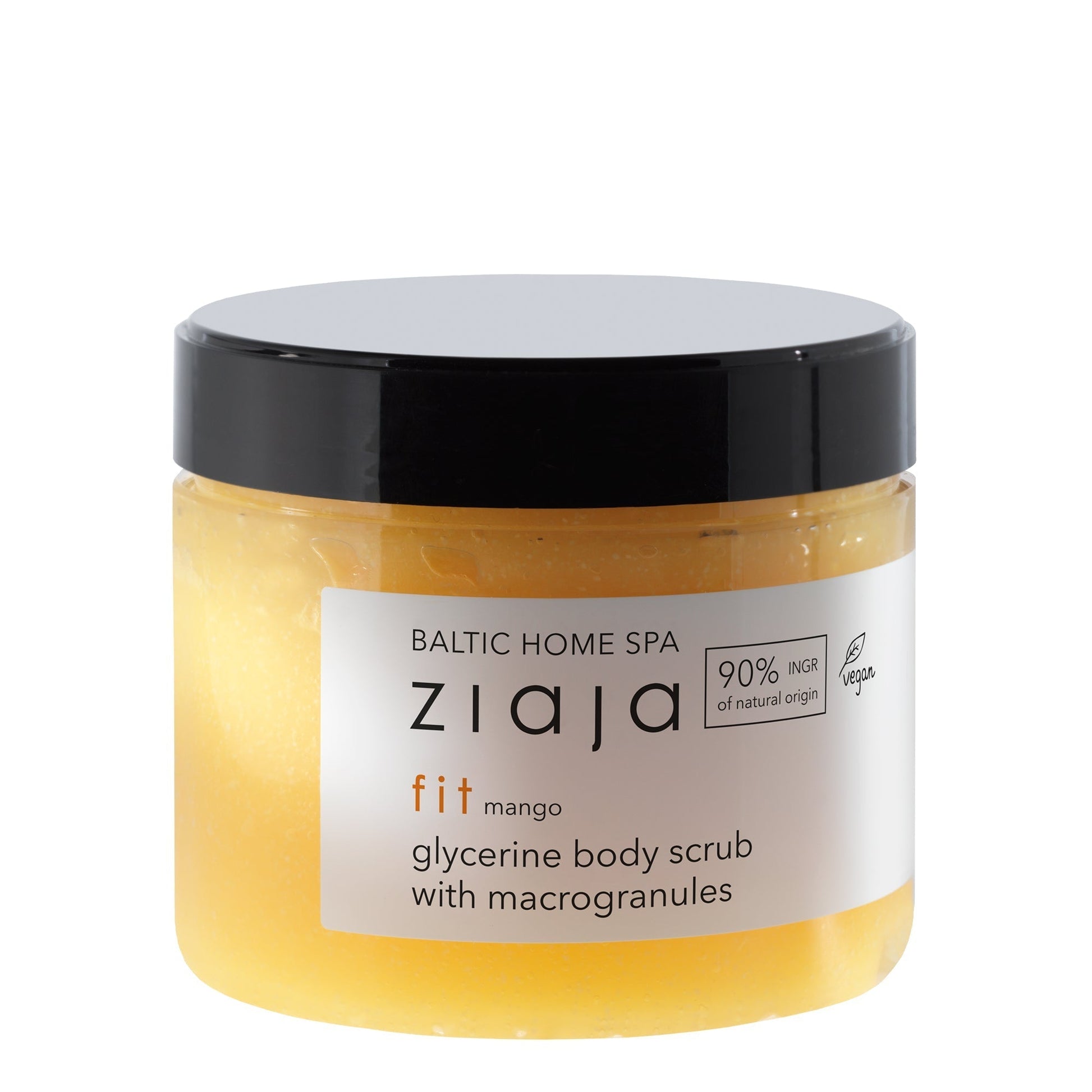 Baltic Home Spa Ziaja fit mango glycerine body scrub with macrogranules in a yellow jar with black lid