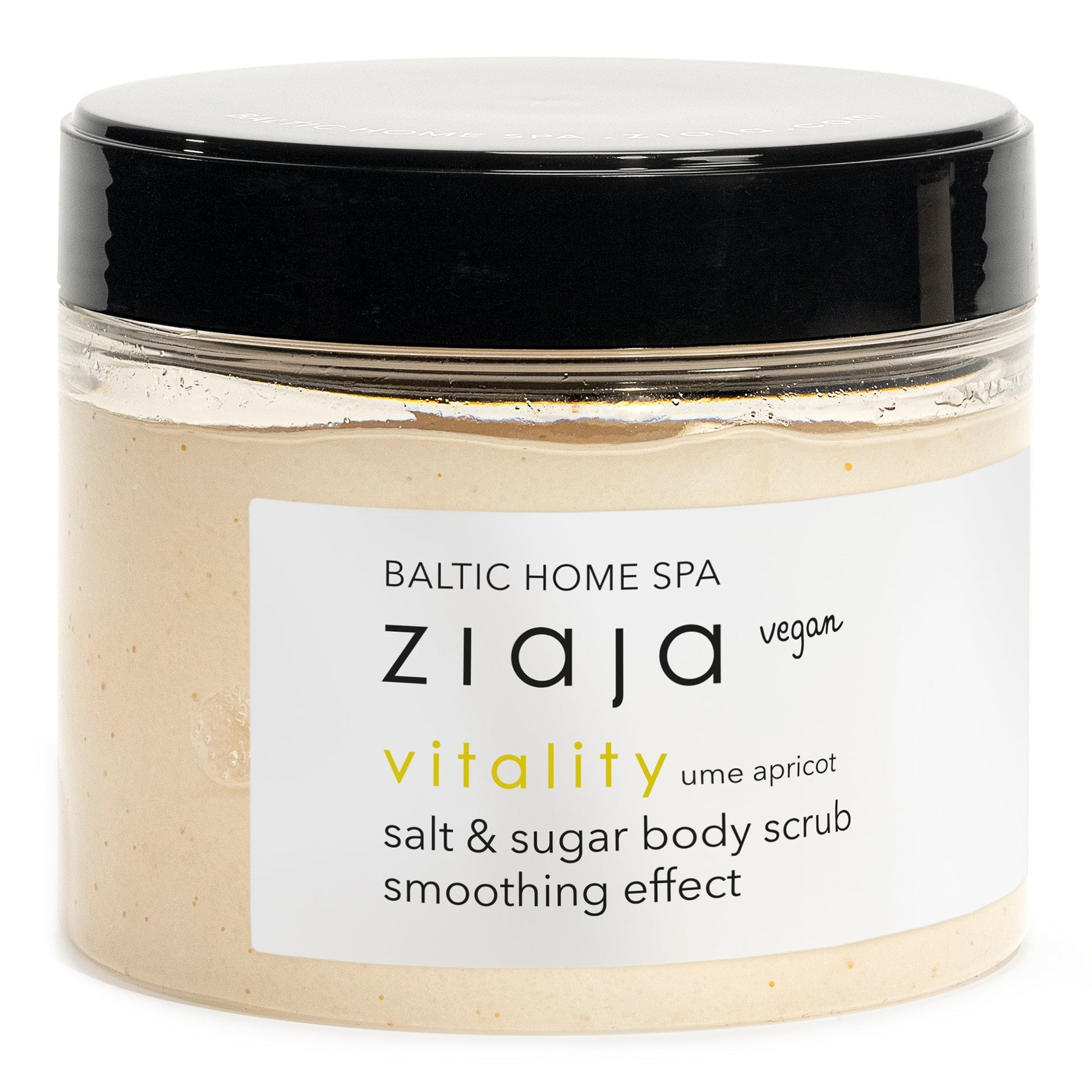 Baltic Home Spa vitality vegan salt and sugar body scrub with ume apricot for smoothing skin effect in a clear jar with black lid