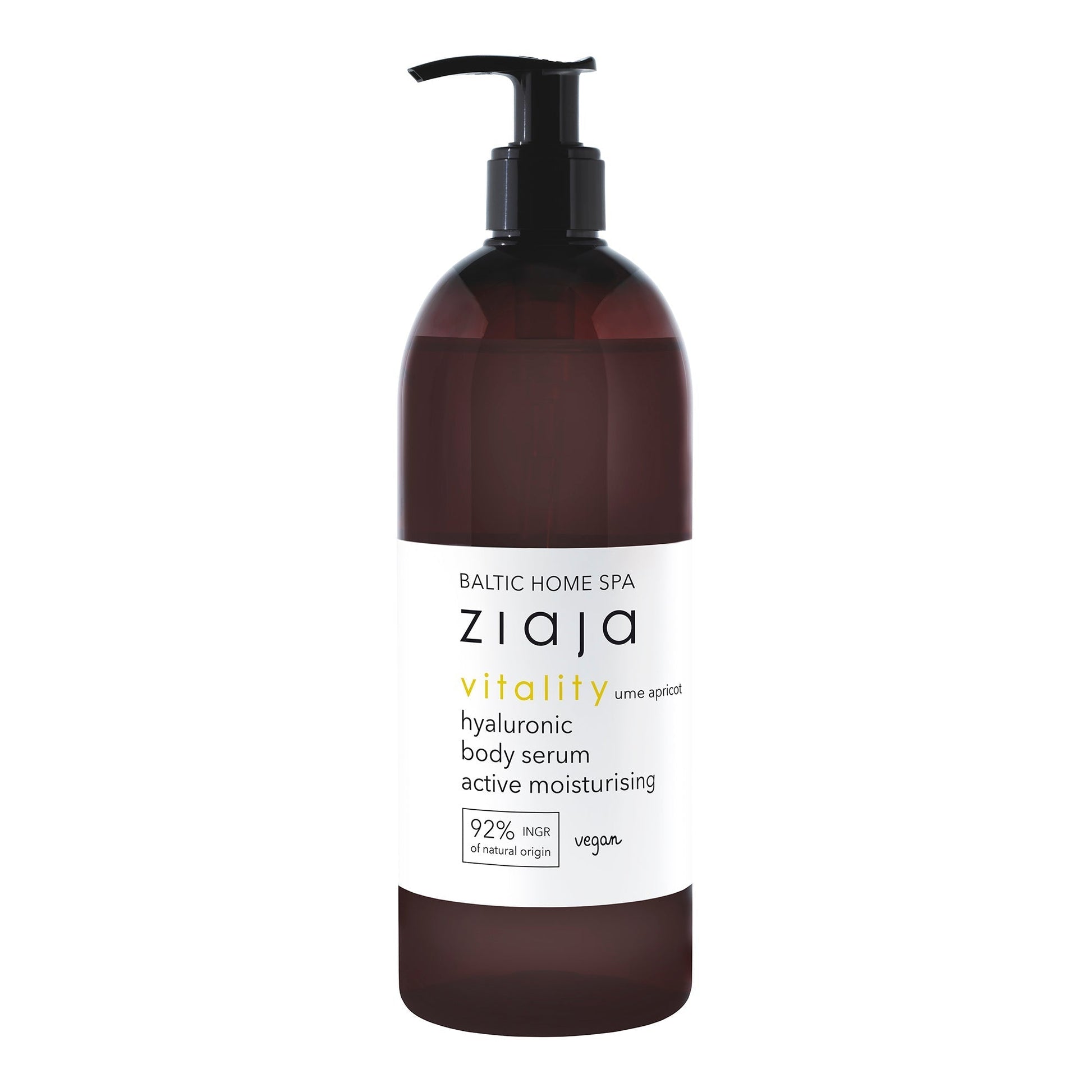 Baltic Home Spa Ziaja vitality hyaluronic moisturizing body serum in dark bottle with pump dispenser