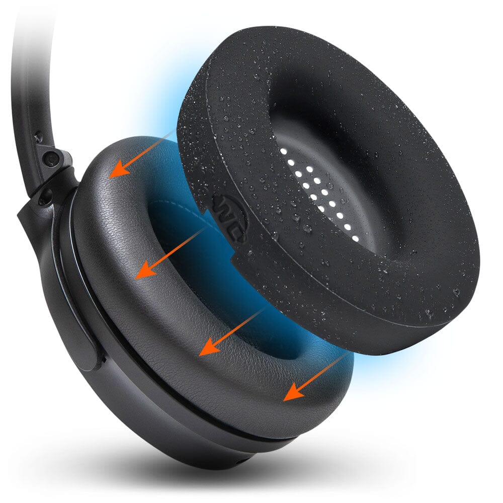 Bose QuietComfort headphone with black WC SweatZ silicone earpad sweat cover showing water resistance and fit design