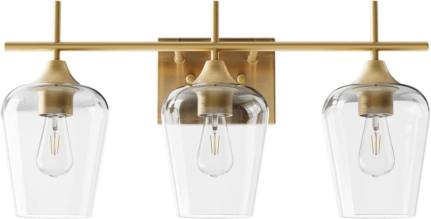 VONLUCE Bathroom Vanity Light with three clear glass shades and modern gold finish.