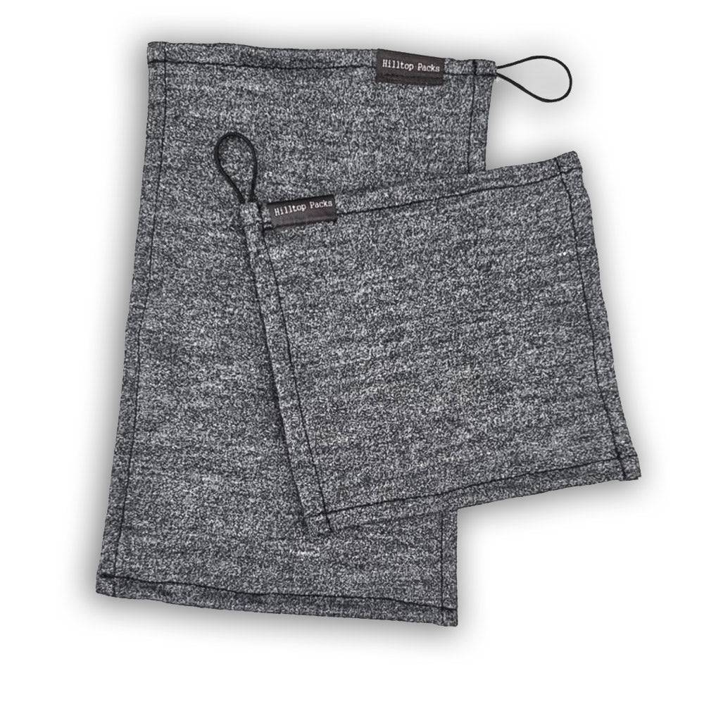 Two gray Merino wool camp towels with hanging loops, made in the USA by Hilltop Packs.
