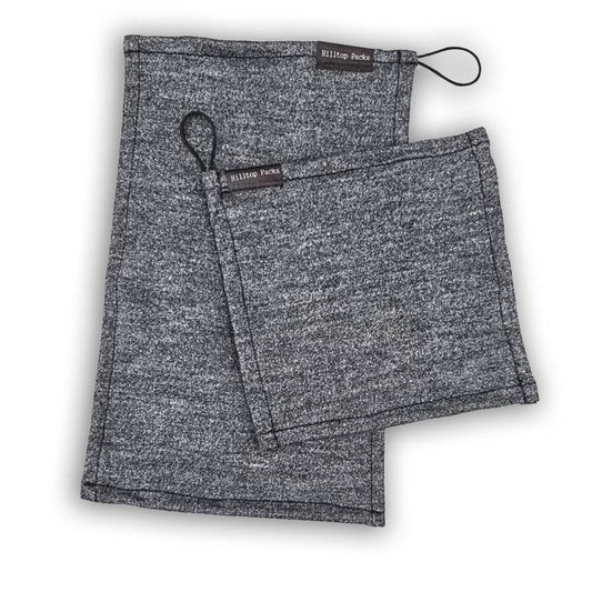 Two gray Merino wool camp towels with hanging loops, made in the USA by Hilltop Packs.