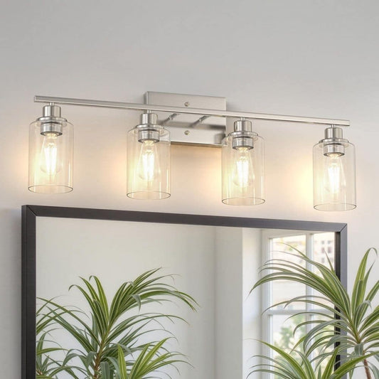 YANSUN 32 in. 4-light brushed nickel industrial bathroom vanity light with clear glass shades wall mount