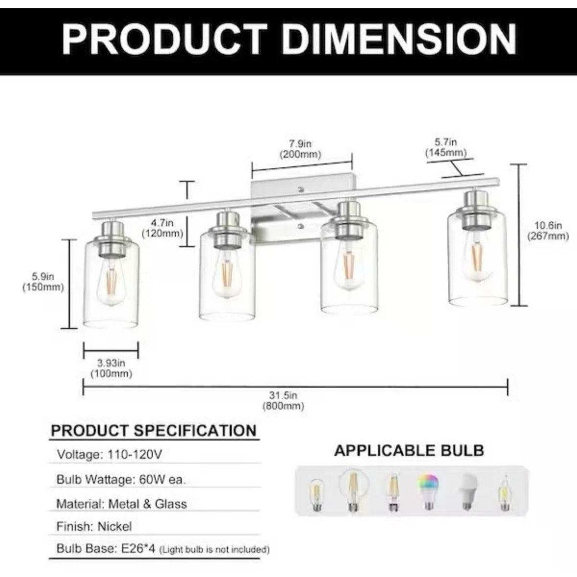 YANSUN 32 in. 4-Light Brushed Nickel Industrial Bathroom Vanity Light with Clear Glass Shades, Wall Mount Over Mirror Light