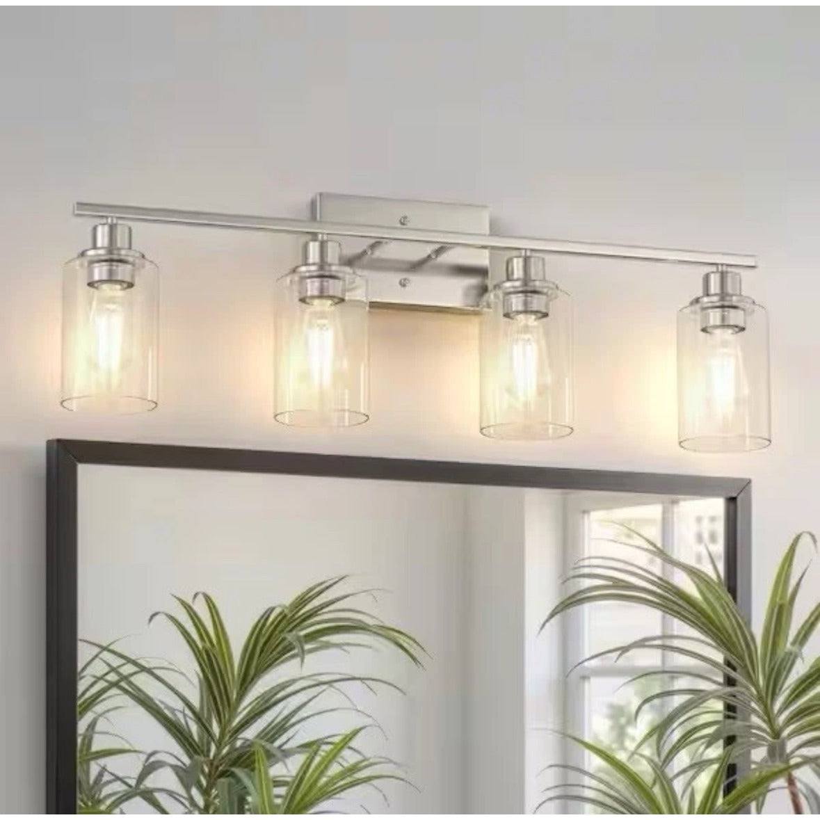 YANSUN 32 in. 4-Light Brushed Nickel Industrial Bathroom Vanity Light with Clear Glass Shades, Wall Mount Over Mirror Light