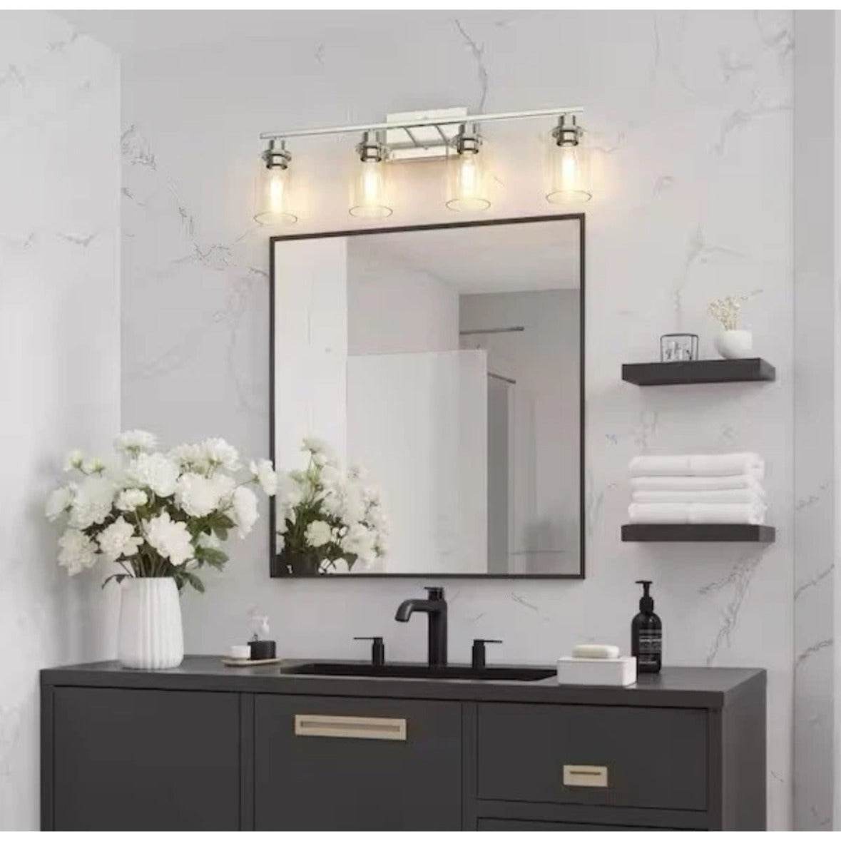 YANSUN 32 in. 4-Light Brushed Nickel Industrial Bathroom Vanity Light with Clear Glass Shades, Wall Mount Over Mirror Light