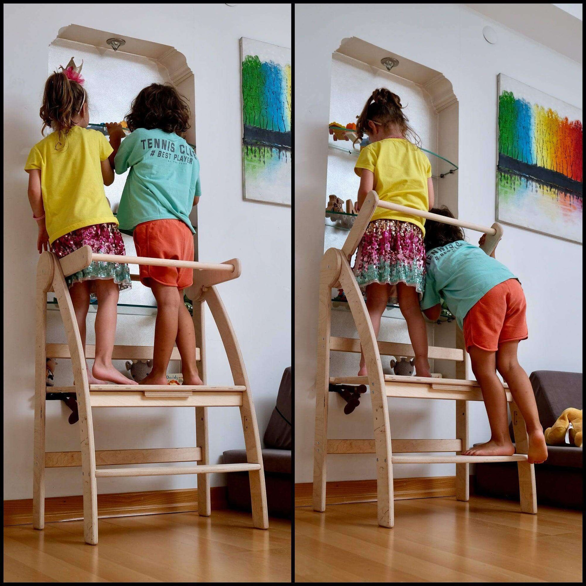 Two children using a natural wood Montessori toddler tower in a home setting for safe elevated play and learning.