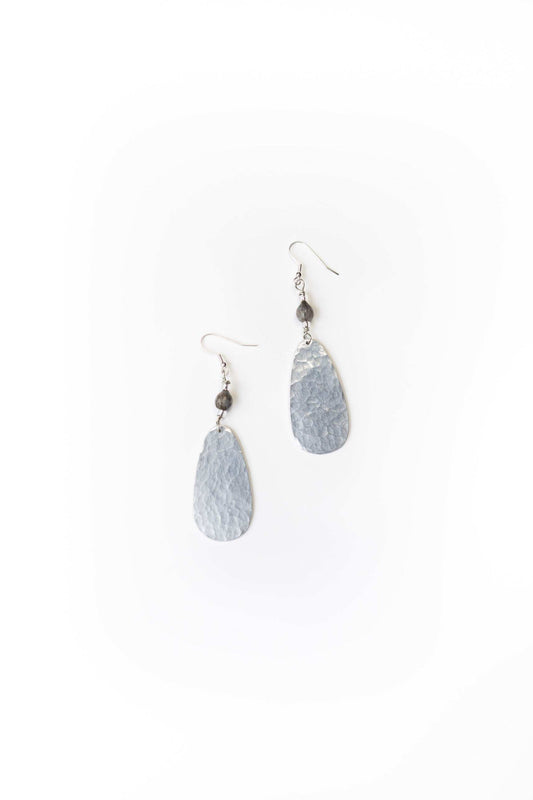 Ellipse hammered aluminum earrings with majok seed beads and silver-plated brass hooks
