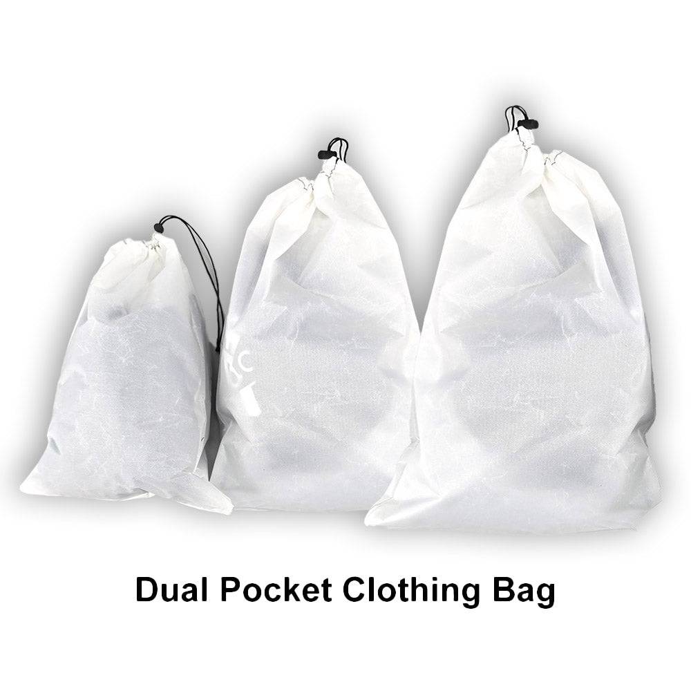 Set of three white dual pocket clothing stuff sacks in varying sizes with drawstring closures, ideal for weather-resistant outdoor and camping use.