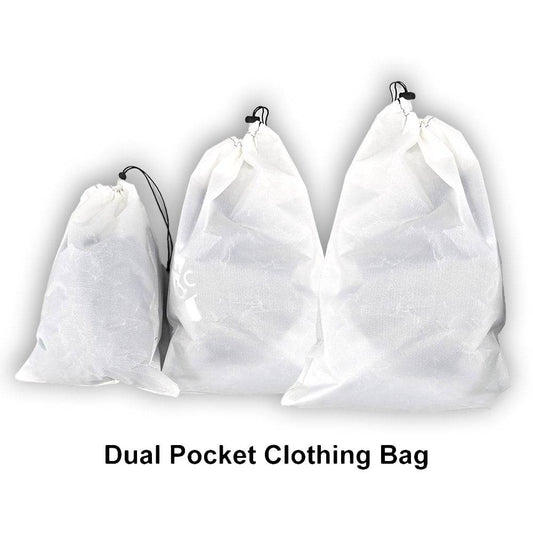 Set of three white dual pocket clothing stuff sacks in varying sizes with drawstring closures, ideal for weather-resistant outdoor and camping use.
