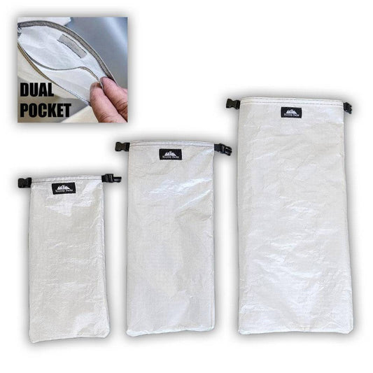 White ultralight dual pocket gadget bags in three sizes made from durable Challenge D50T waterproof fabric