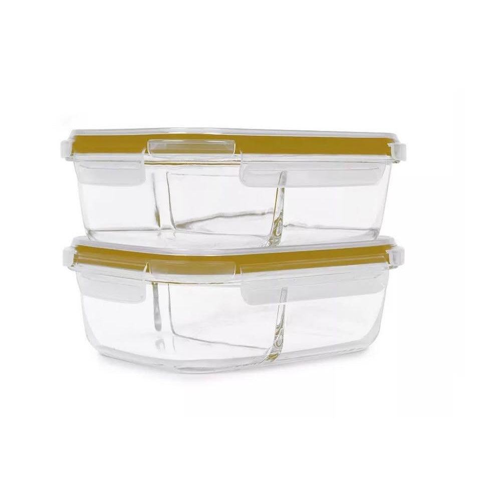 Sedona Kitchen Set of 2 glass food storage containers with 3 compartments and cracked lid visible