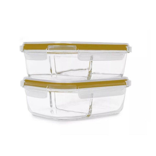 Sedona Kitchen Set of 2 glass food storage containers with 3 compartments and cracked lid visible