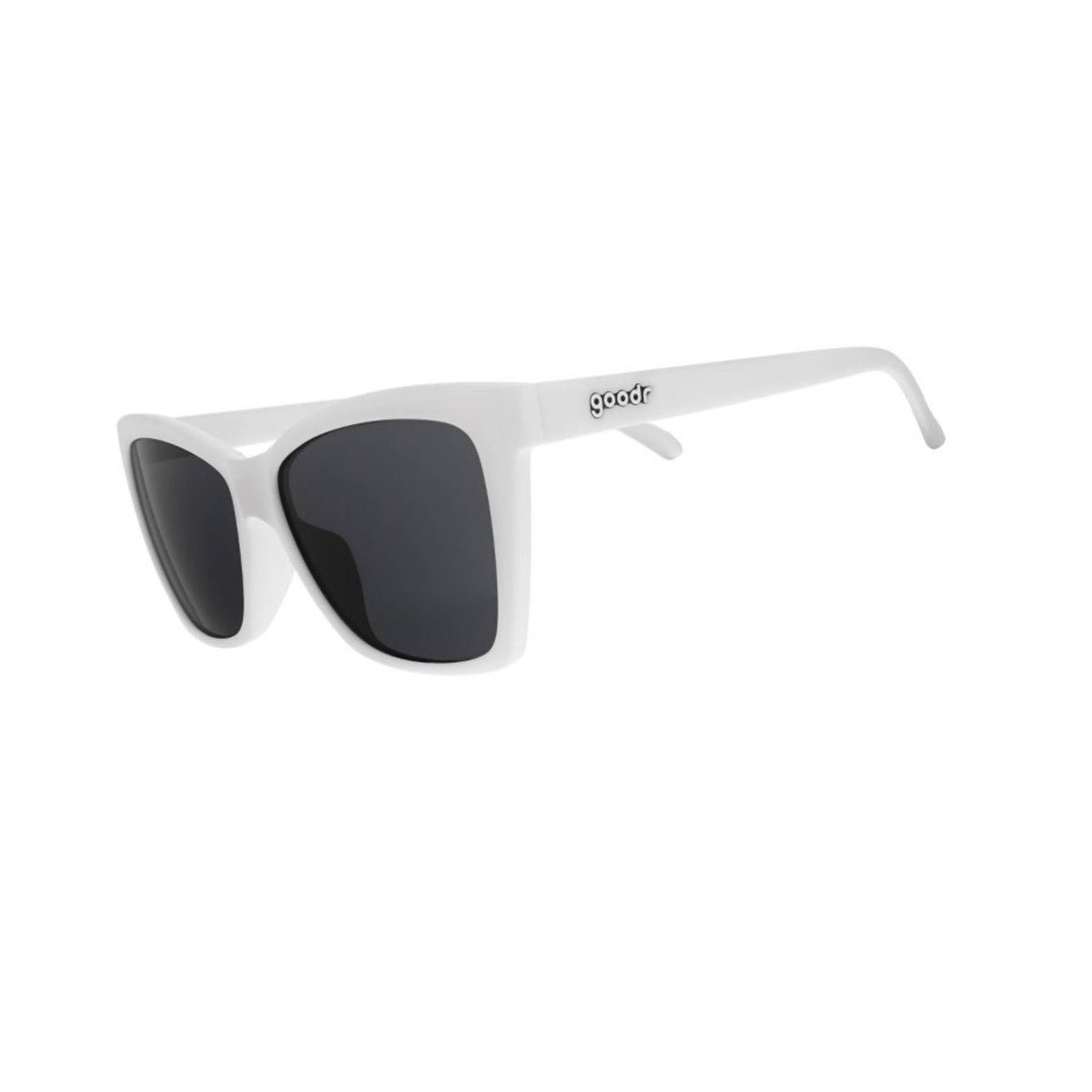 goodr Adult Pop G sunglasses with glossy white plastic rectangle frames, dark lenses, angular edges, and a logo on the temple.