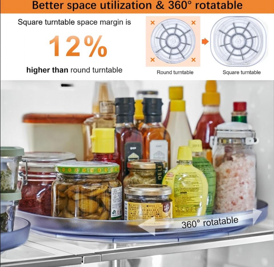 Realife Lazy Susan Turntable for Refrigerator, Slide and 360° Rotate Rectangle Turntable Organizer, Square Turntable Organizer for Fridge Cabinet - Selzalot