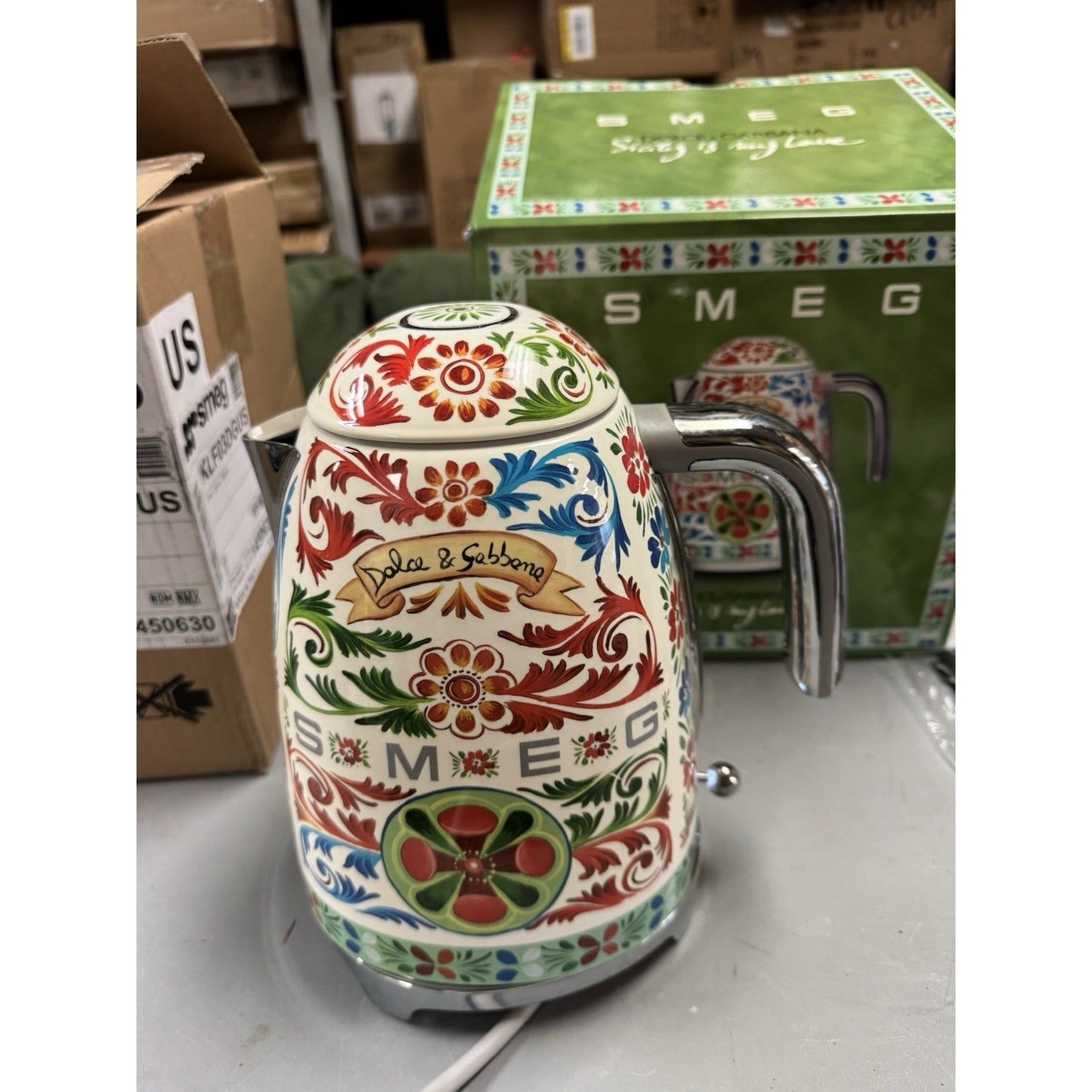 Smeg Dolce Gabbana Sicily is my Love electric kettle with Sicilian inspired design and chrome handle