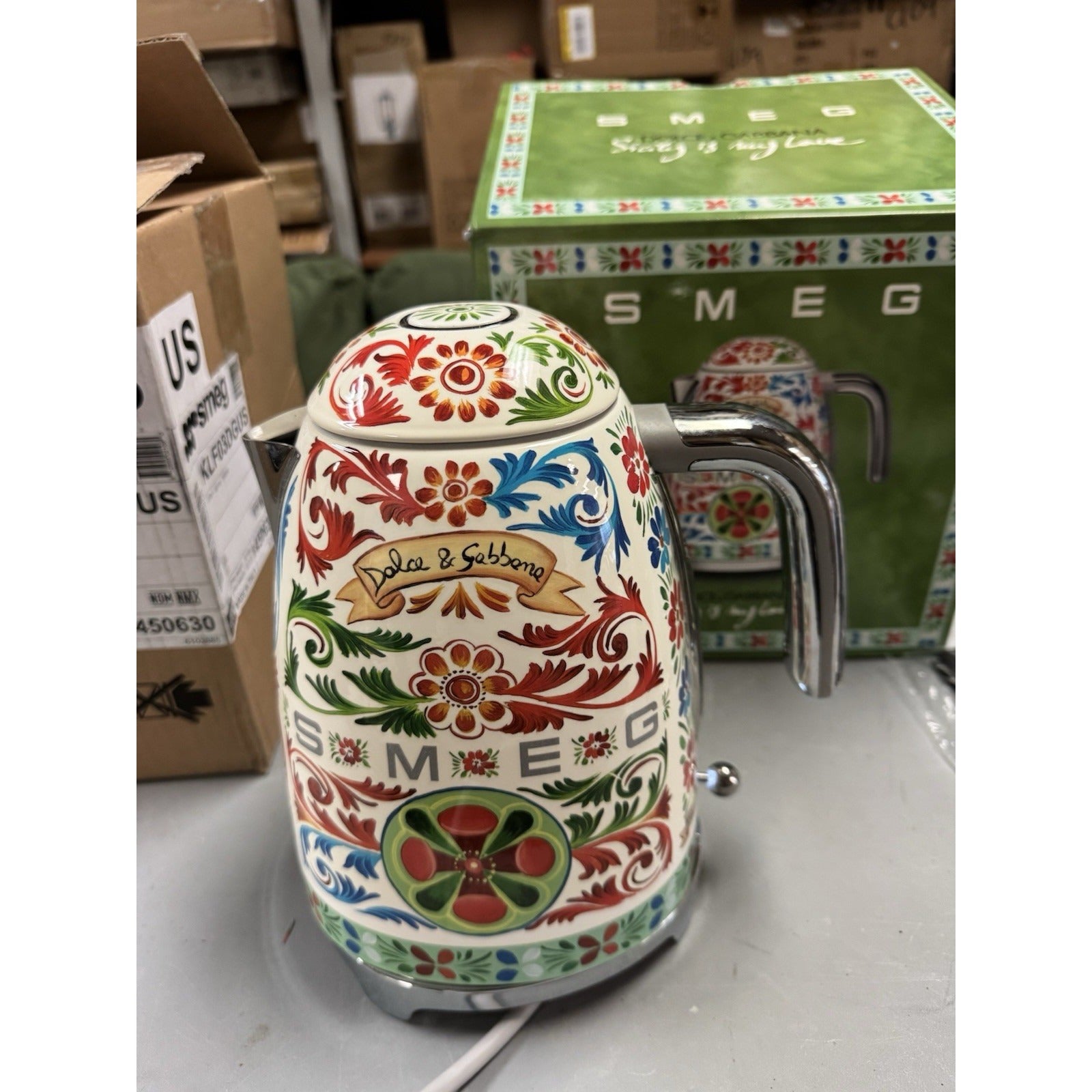 Smeg Dolce Gabbana Sicily is my Love electric kettle with Sicilian inspired design and chrome handle