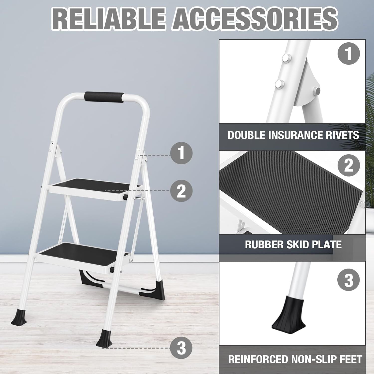 HBTower Step Ladder, 2 Step Stool for Adults, 2 Step Ladder Folding Step Stool with Cushioned Handle, 330 lbs Capacity,Step Ladder with Wide Anti-Slip - Selzalot