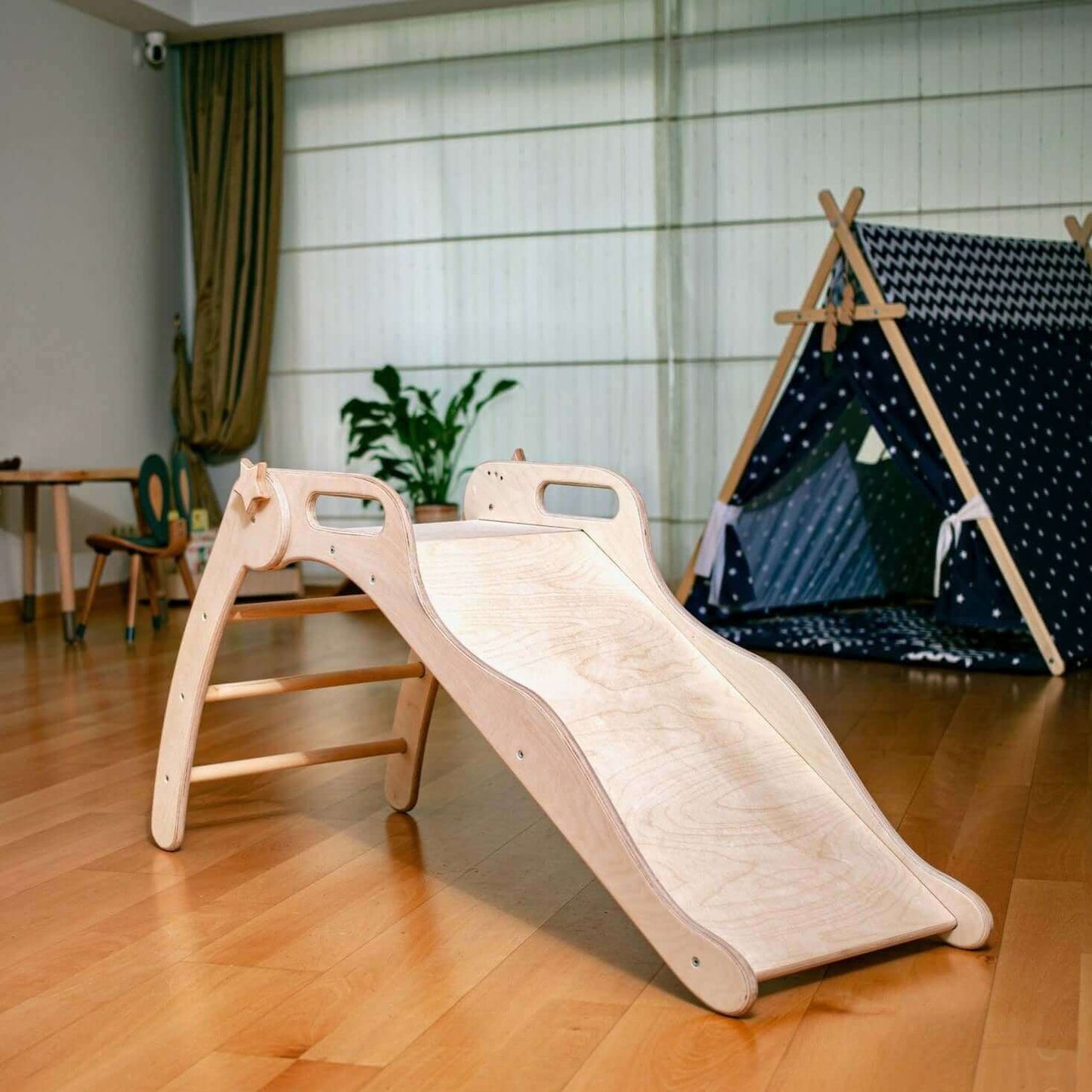 Foldable wooden indoor slide for toddlers made of natural birch plywood, adjustable size, Montessori play furniture for motor skills development
