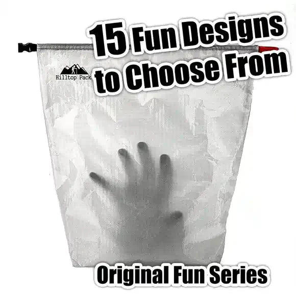 Ultralight transparent food bag from Hilltop Packs with original fun prints, 15 designs available, made from durable challenge D50T fabric for hiking and backpacking.
