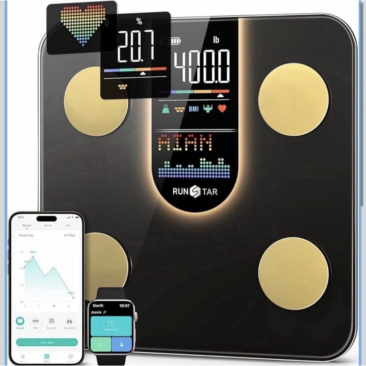 Runstar smart body weight scale with 8-in-1 VA display showing weight, BMI, body fat, muscle mass, heart rate, and trends