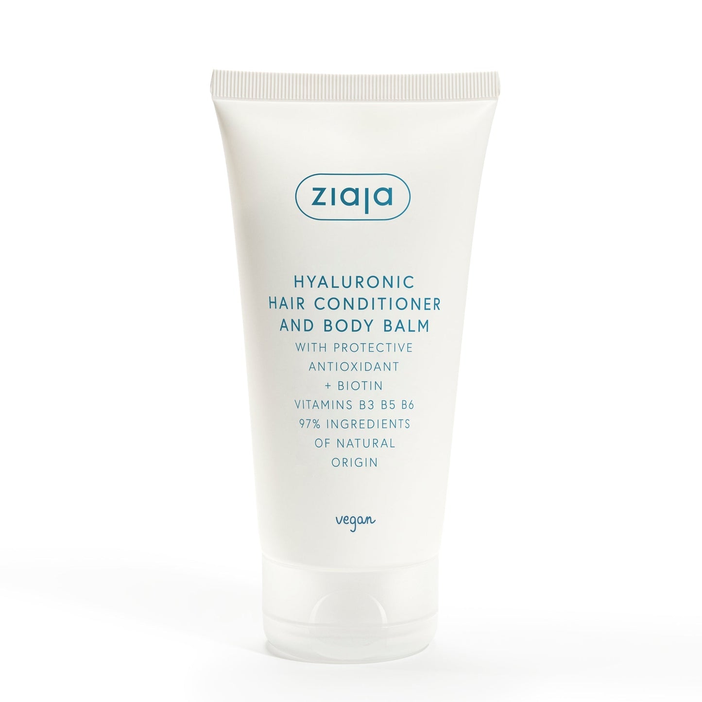 Ziaja antioxidant hair care hyaluronic hair conditioner and body balm tube with natural ingredients and vitamins for moisturizing and strengthening hair and skin.