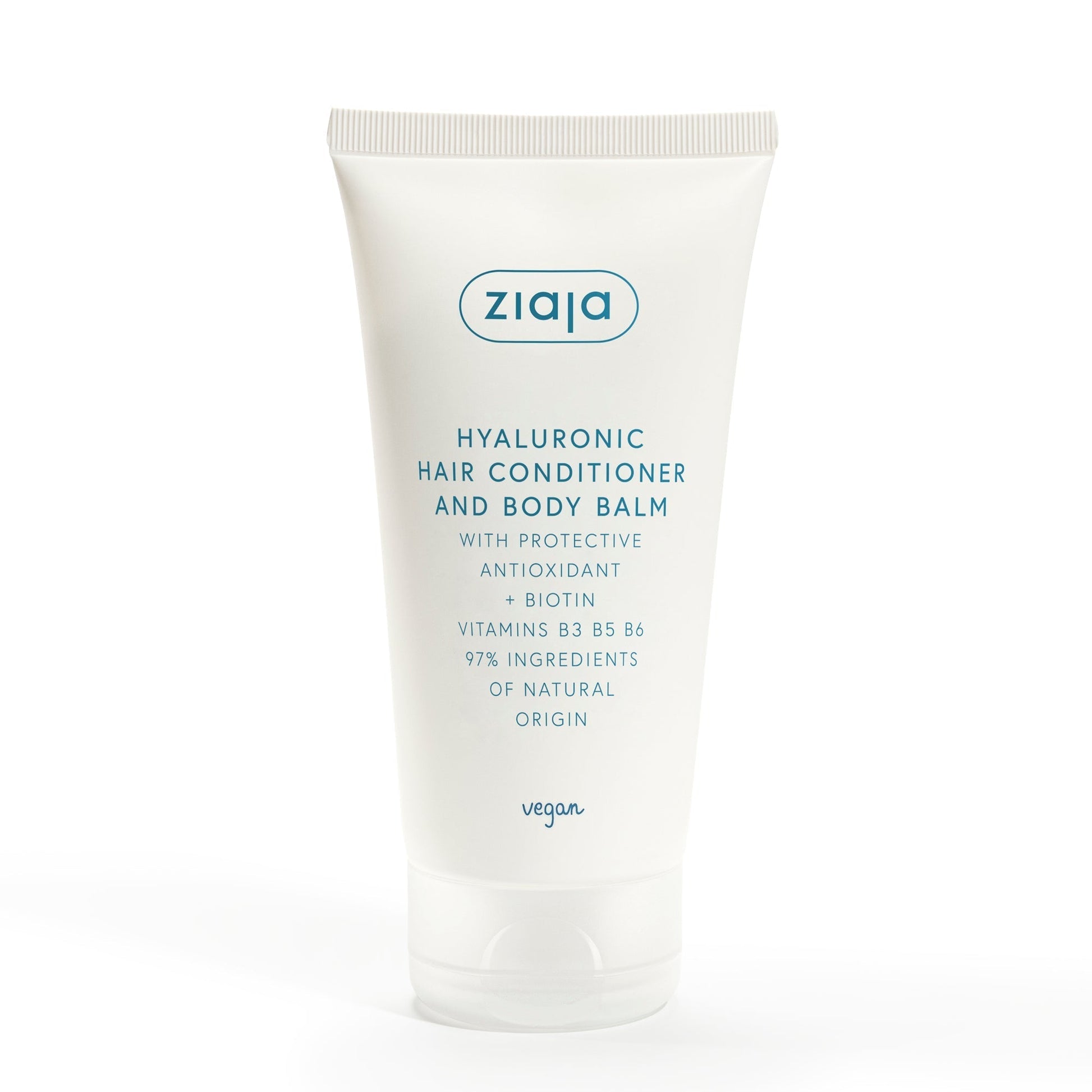 Ziaja antioxidant hair care hyaluronic hair conditioner and body balm tube with natural ingredients and vitamins for moisturizing and strengthening hair and skin.