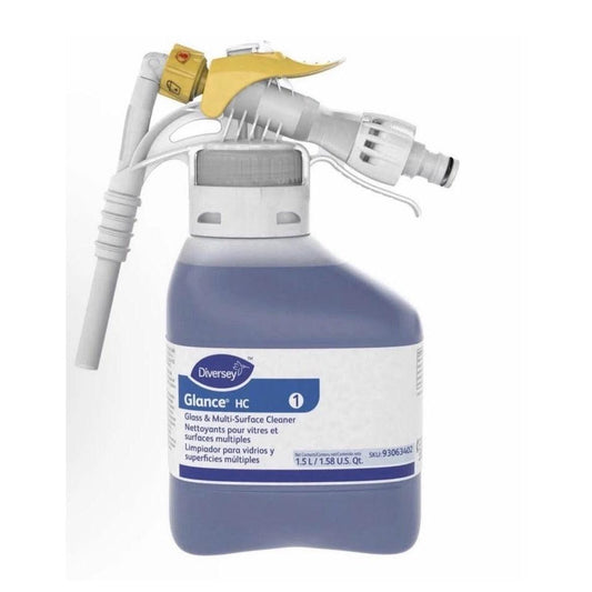 Two bottles of Diversey Glance HC 1.5L multi-surface cleaner with streak-free shine packaging