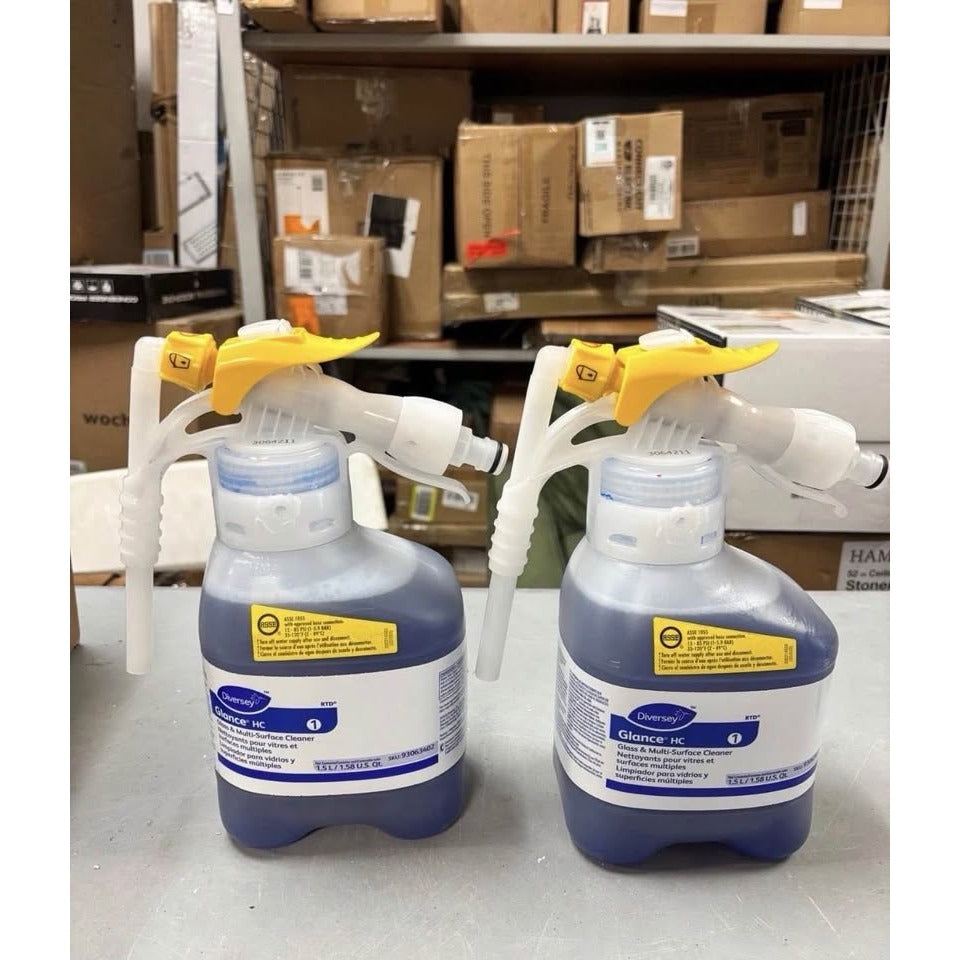 2 Bottles Diversey Glance HC 1.5L Glass/Multi-Surface Cleaner ( SKU 93063402 ).